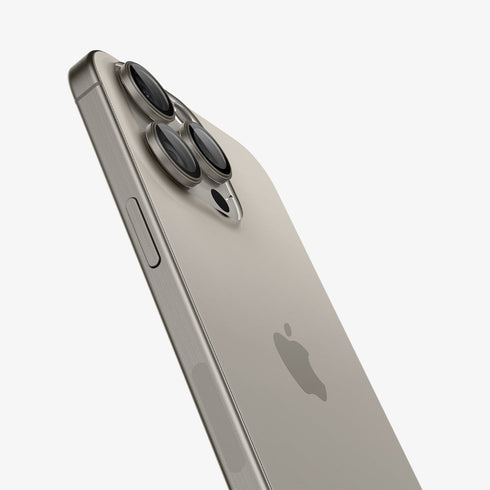 AGL07163 - iPhone 15 Pro / 15 Pro Max Optik Pro Lens Protector in natural titanium showing the device